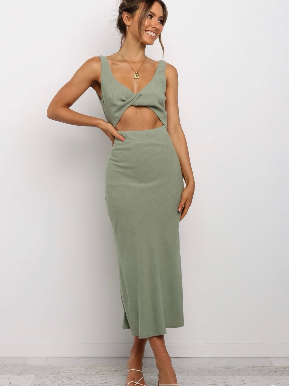 Petal & Pup Sage Green Midi Dress with Back Cutout